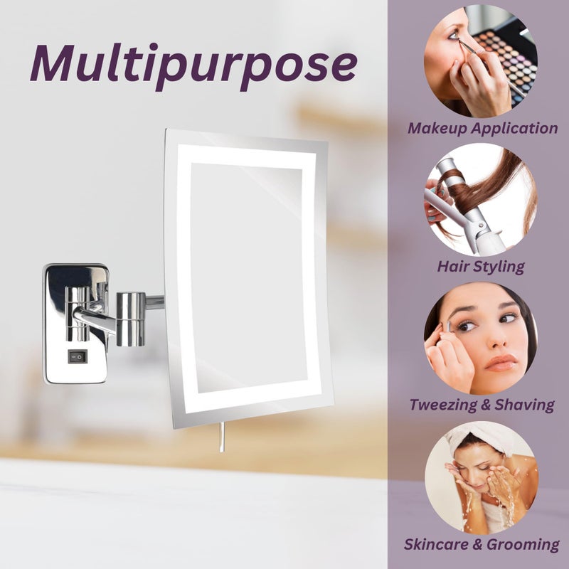JERDON Rectangular Wall Mount Makeup Mirror - Direct Wire Makeup Mirror with 5X Magnification and LED Lights - Chrome Finish - Model JRT710CLD - Image 3